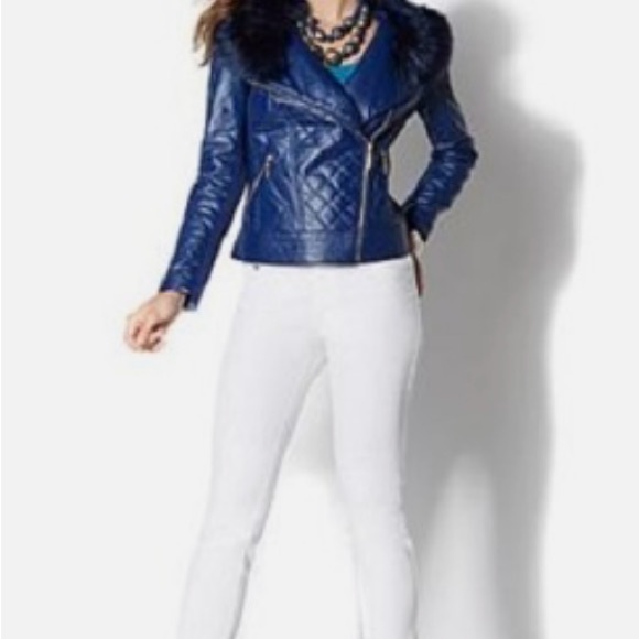 IMAN Blue 100% Genuine Leather Jacket Collar is Removable - Picture 1 of 17